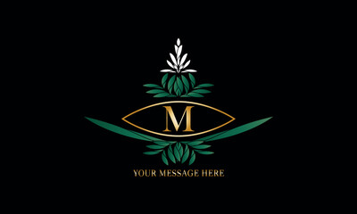 Floral logo template for labels, corporate identity, wedding invitation. Decorative business sign with elegant letter M.
