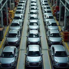 Fototapeta premium photo of new modern car in factory industry on conveyor belt , generative AI