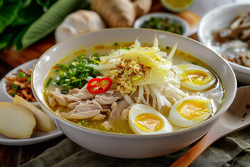 Chicken Soto or Soto Ayam in Indonesia. traditional Indonesian