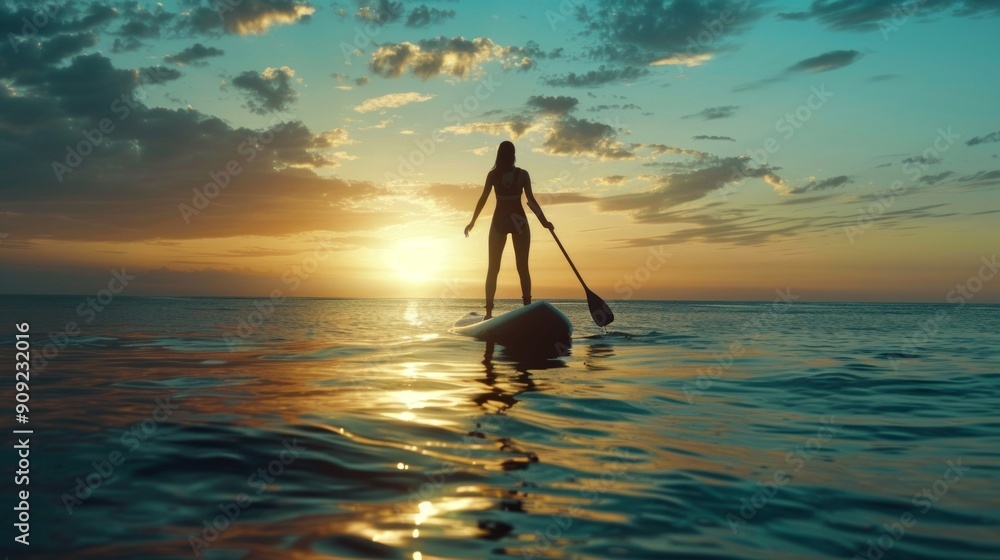 Wall mural A silhouette of a person paddleboarding during a stunning sunset over calm ocean waves. The vibrant sky showcases beautiful hues of orange and blue. Ideal for outdoor and adventure themes. AI