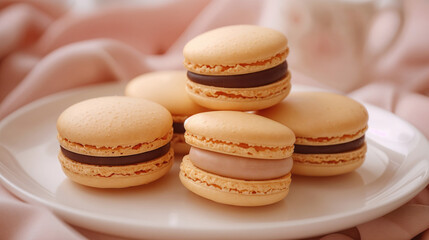 Plate of light beige macarons with chocolate and creamy fillings on a soft pink fabric background