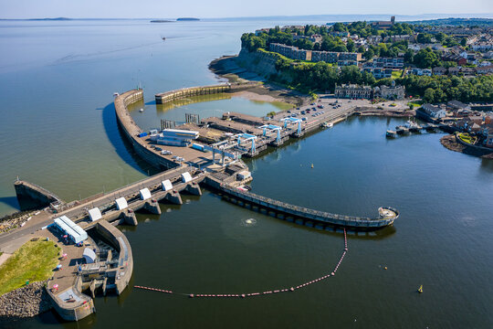 Aerial view of Penarth and the Cardiff Barrage leading out onto the Bristol Channel