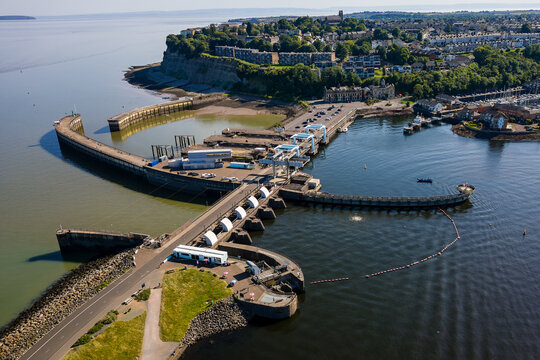 Aerial view of the Cardiff Bay lagoon, barrage and Bristol Channel near the village of Penarth