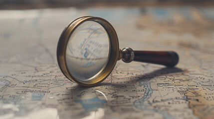 Magnifying glass focusing on an antique map