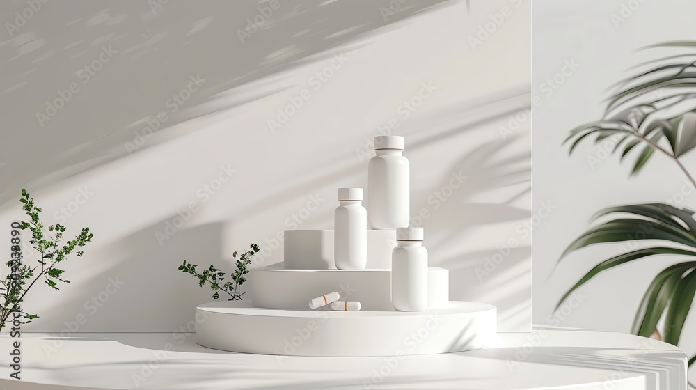 Poster elegant display of white bottles and jars on a minimalist podium, surrounded by greenery, creating a