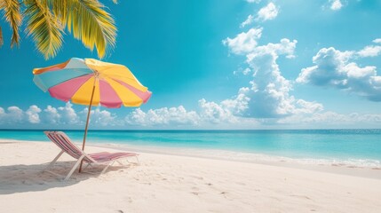 A tranquil coastal scene with a sandy beach, palm trees, and colorful beach umbrellas.