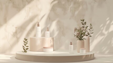Elegant display of cosmetic bottles and greenery on a minimalistic pedestal with soft lighting, perfect for beauty product branding.