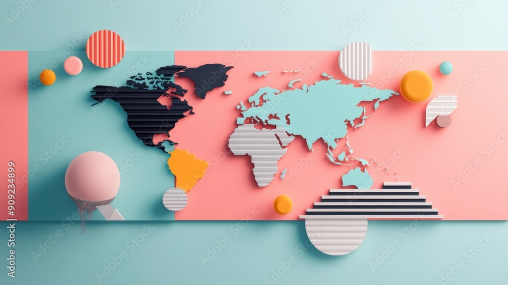 Poster abstract world map with geometric patterns, a world map interpreted through geometric shapes, colors