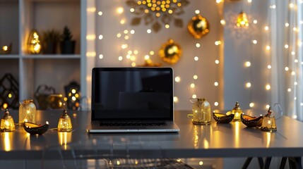 A stylish workspace with a laptop on a sleek, modern table surrounded by golden fairy lights and small Diwali lanterns, providing a festive yet professional atmosphere.