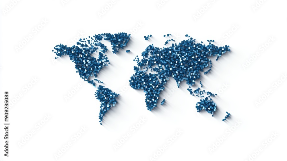Poster dot map of global population distribution, a dot map of the world, where the density of dots represe