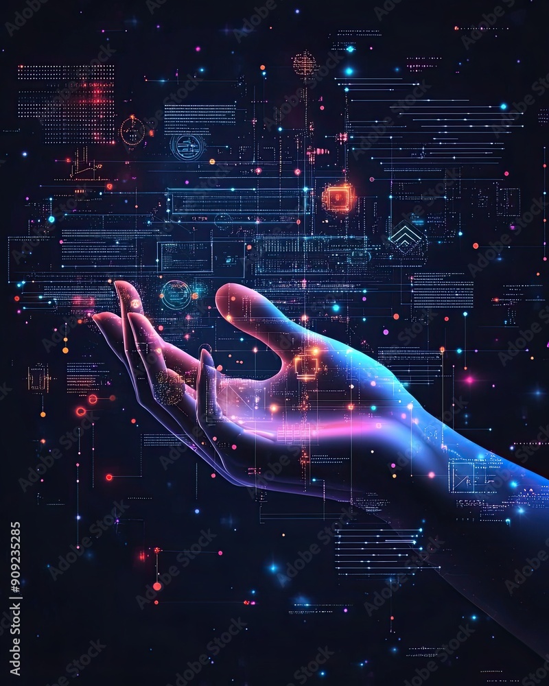Poster Futuristic Hand Reaching Out to AI Data Management System in Virtual Space