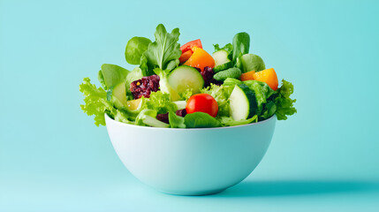 A fresh salad in bowl on pastel blue background,