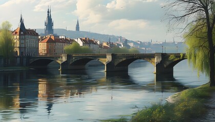 The tranquil city scenery, bridges and rivers complement each other, the trees are shaded, and the sky is bright.