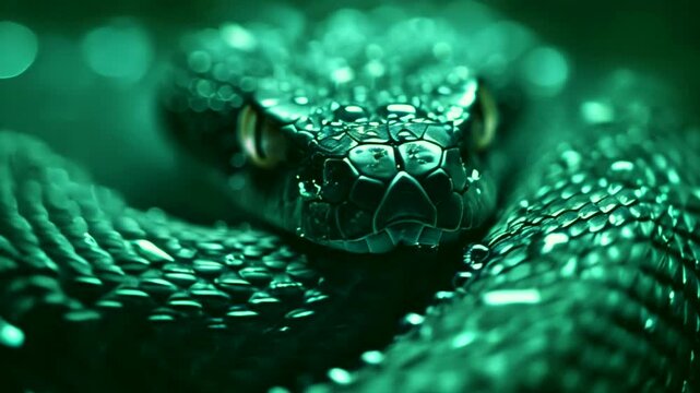 A green snake close up. Symbol of the holiday season 2025,4K video