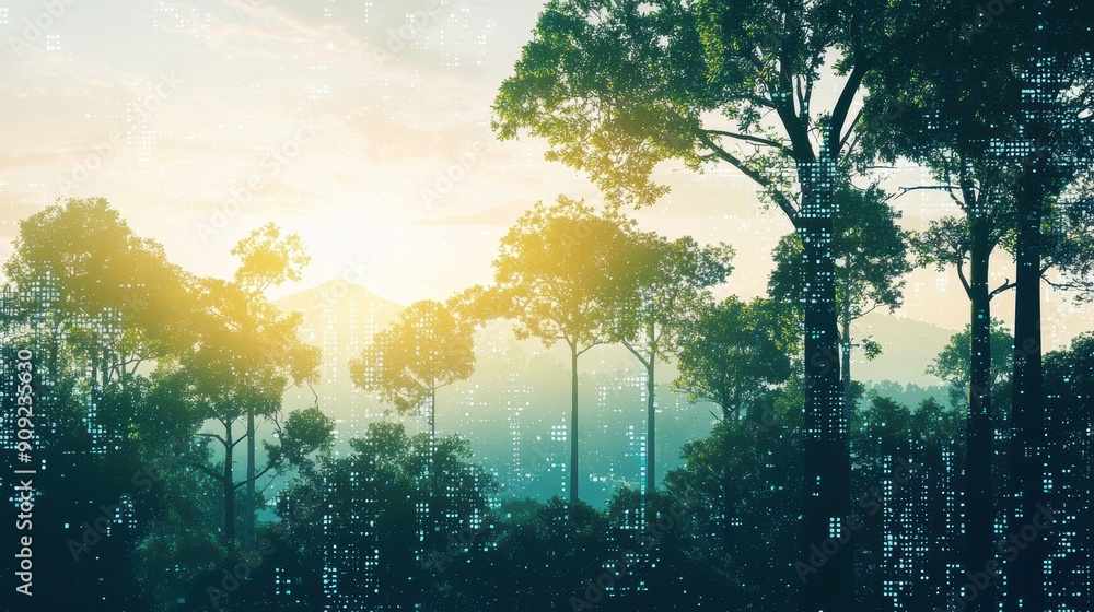 Poster nature scene with glitching trees and sky, blending natural elements with digital distortions. the i