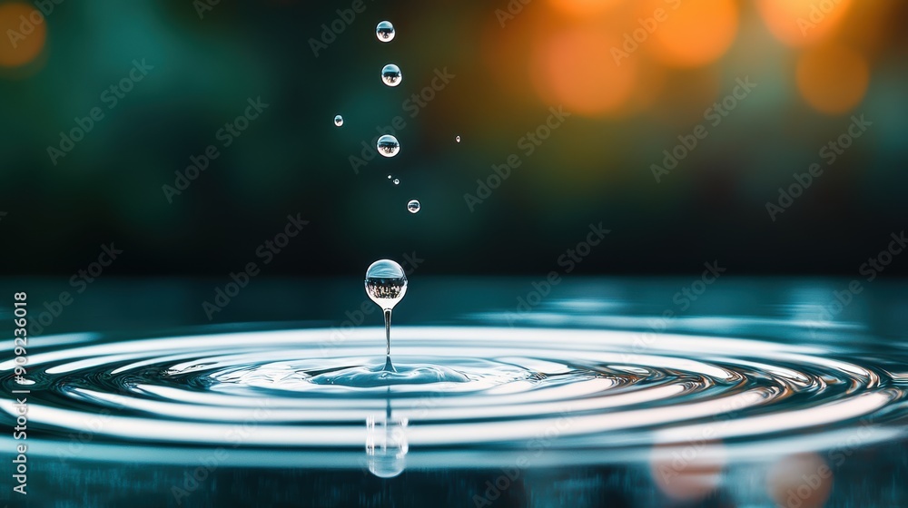 Poster a mesmerizing image of raindrops falling onto a water surface, showcasing the unique patterns and te