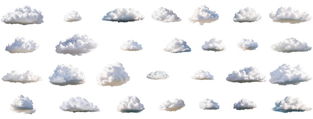 Diverse collection of 28 cloud photos isolated on transparent alpha background. Perfect for sky-themed designs and graphic compositions.