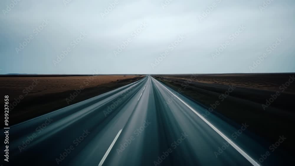 Poster a long, empty road extends into the horizon, bordered by vast fields and an overcast sky, creating a