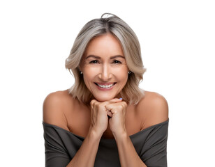 Naklejka premium old women thinking smile happily isolated on transparent png.