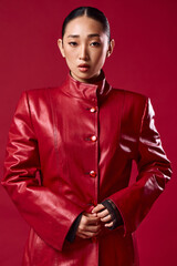 Obraz premium Stylish asian woman in red leather jacket posing confidently with hands on hips and in pockets
