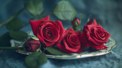   A cluster of crimson roses on a shiny platter atop a navy cloth-covered dining table with emerald foliage surrounding it