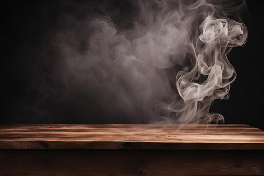 Wooden Table with Rising Smoke Against Dark Background
