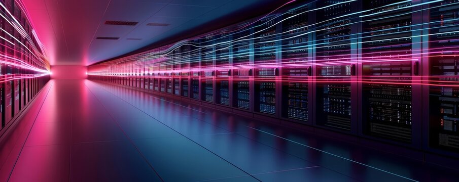 Neon-lit data center, abstract waves, futuristic technology