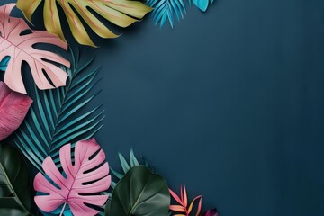 Tropical leaves, vibrant neon colors, dark background