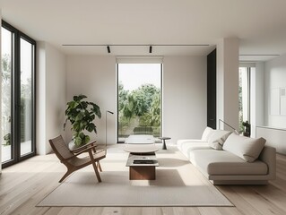 Fototapeta premium Minimalist living room with large windows, a comfortable sofa, and a wooden armchair.