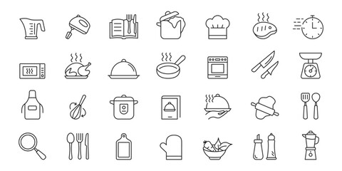 Set of cooking icons. Fork, spoon,knife, recipe book, chef hat, frying pan,kitchen utensils,  Vector illustration