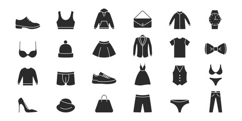 Clothes icon set. Woman and man clothes, accessories. Clothing silhouette icons. Vector
