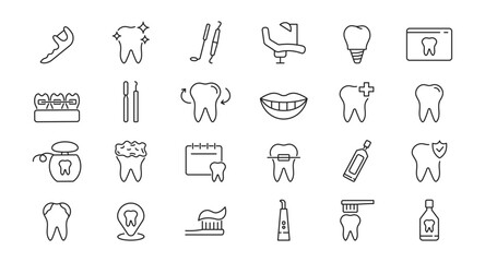 Set of dental icons. Dentist, tooth, implant, care, dental treatment, toothpaste, tools. Vector