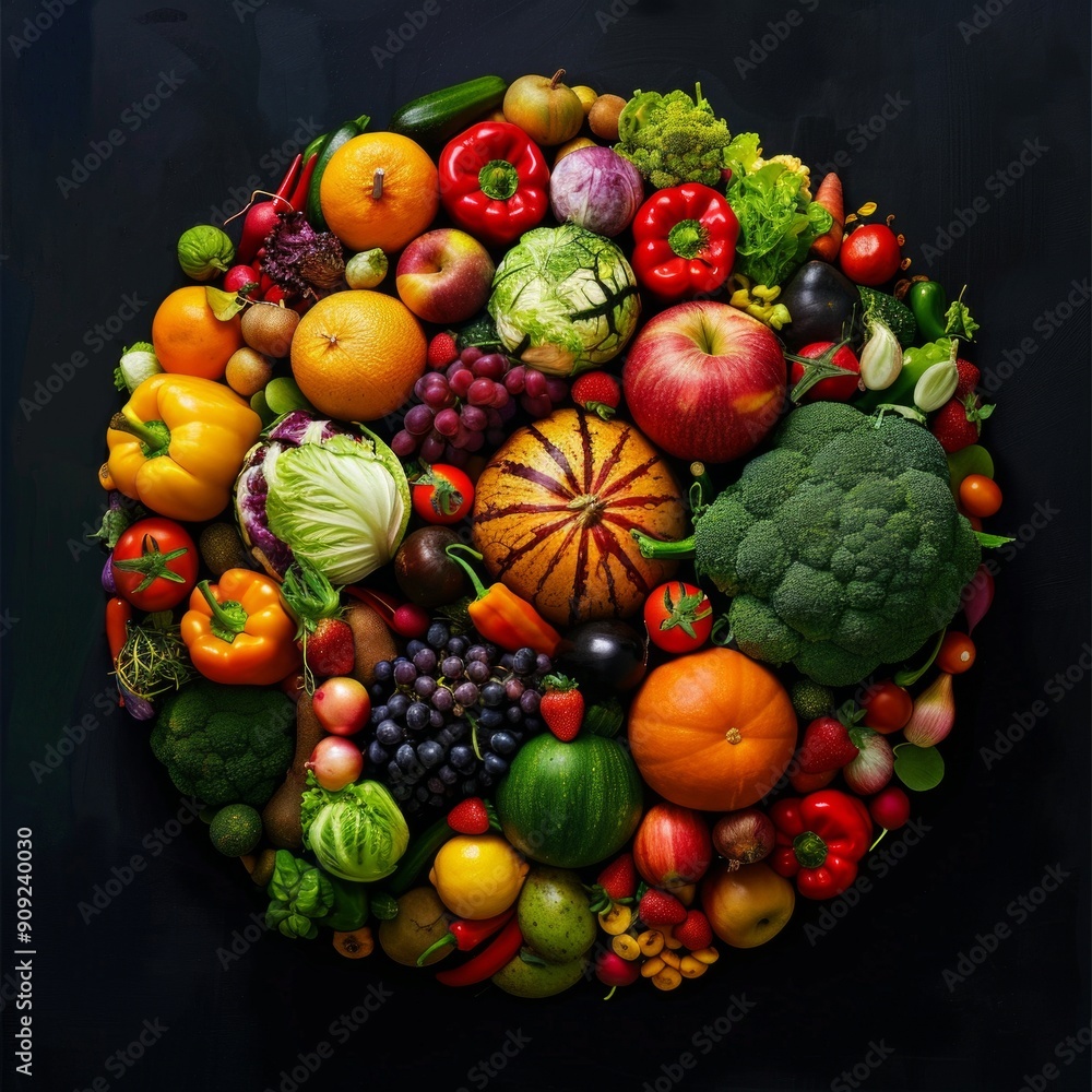 Wall mural A vibrant, colorful collection of fruits and vegetables in a circular arrangement. Perfect for health, nutrition, and organic-themed content. AI.