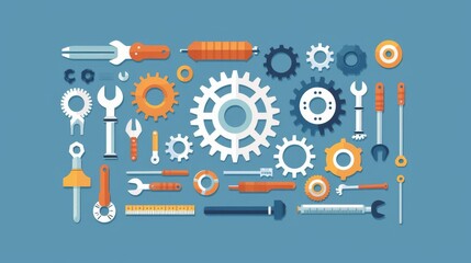 Product development, gears and tools, flat design illustration
