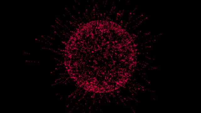 The dispersion from the center of the red circular pellet has a recursive pattern. Abstract sphere, consisting of points. Particle explosion at high speed. 3d Illustration,