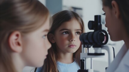 Fototapeta premium Earnest European Children Practicing Eye Examinations under Friendly Doctor s Supervision in State of the Art Clinic