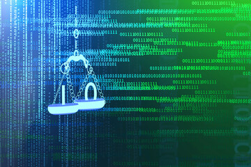 Internet cyber law concept. Background with Justice scales and binary code numbers. Digital legal services and Artificial Intelligence idea. 3D render illustration.
