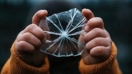 A pair of hands holding a cracked piece of glass, symbolizing fragility and vulnerability in a dramatic, moody setting.