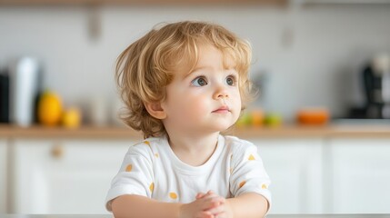 Fototapeta premium Adorable toddler with curly hair, sitting at a kitchen table, gazing thoughtfully, capturing innocence and curiosity.