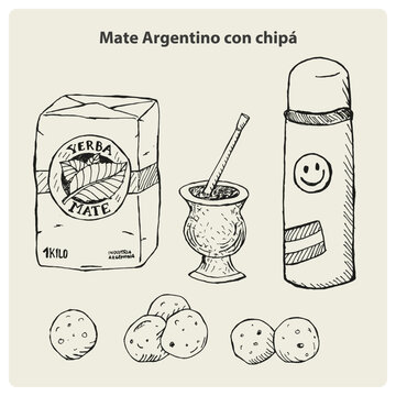 Plantilla de iconos mate argentino chipa, yerba y termo vectorial editable