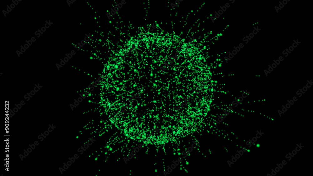 Poster abstract sphere of particles. consisting of points. particle explosion at high speed. isolated on bl