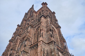 France, Alsace, Strasbourg: View of Notre Dame cathedral with frame houses