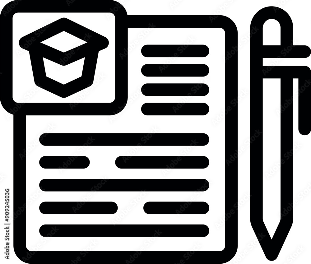 Poster black outline icon of a university application form being filled with a pen
