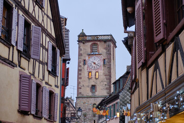 Ribeauville, France, December: One of the many picturesque and colorful streets in Ribeauville, in the Alsace wine region of Northeast France.