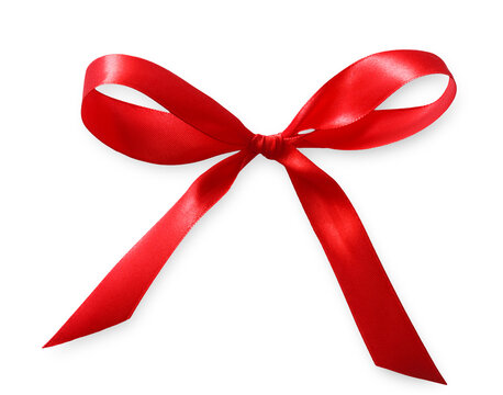 Red satin ribbon bow isolated on white background. Textile thin strip tied up to trim present or flower bunch. Any holiday decoration