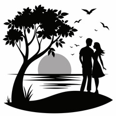 Couple under tree side beach silhouette vector illustration