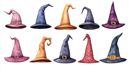 Witch hat collection on white background. Watercolor witch hat illustrations