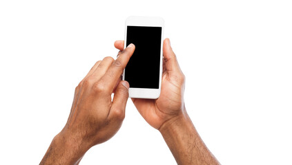 Black male hand touching smartphone display and pointing with index finger on blank screen, white isolated background, copy space, cutout