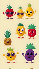 Colorful cartoon characters watermelon slice pineapple and tropical fruit 5