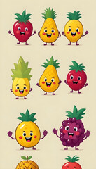 Obraz premium Colorful cartoon characters watermelon slice pineapple and tropical fruit 8